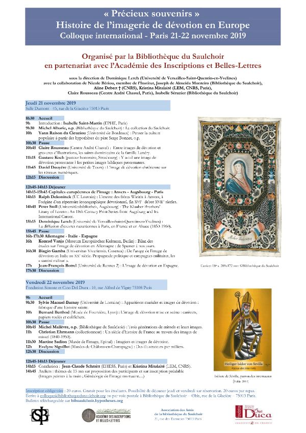 Souvenir preziosi: Storia delle immagini devozionali in Europa, Conferenza internazionale, Parigi